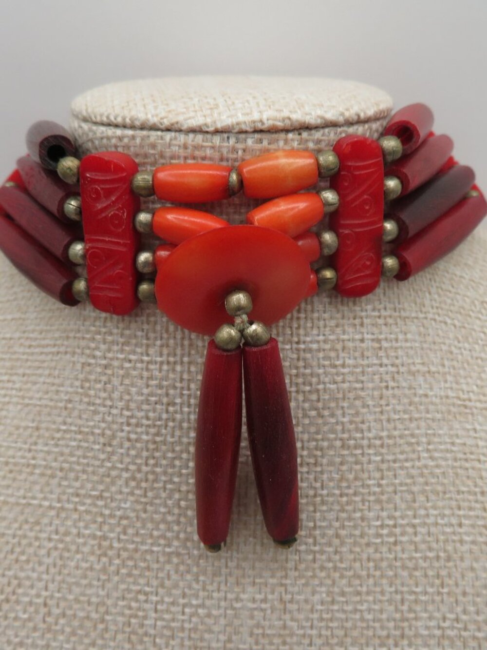 Vintage Dyed Red Bone Beaded Native American Necklace